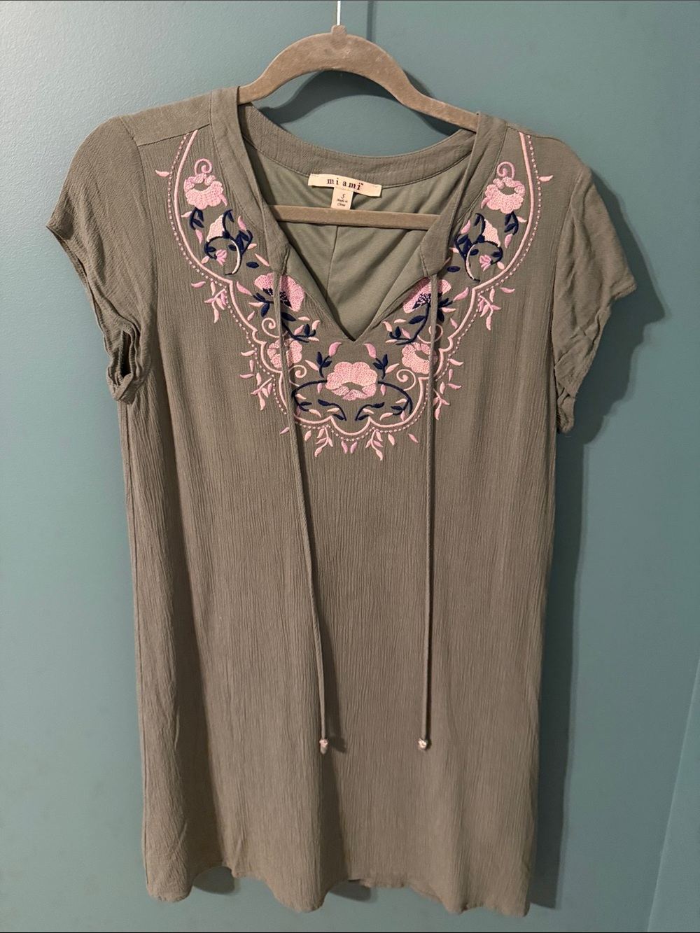 miami Olive Green Tunic Top with Pink & Navy Embroidery